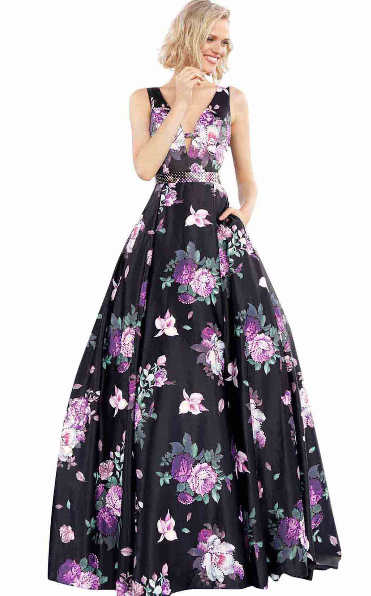 Style JVN62624 Jovani Plus Size 16 Prom Floral Black Ball Gown on Queenly