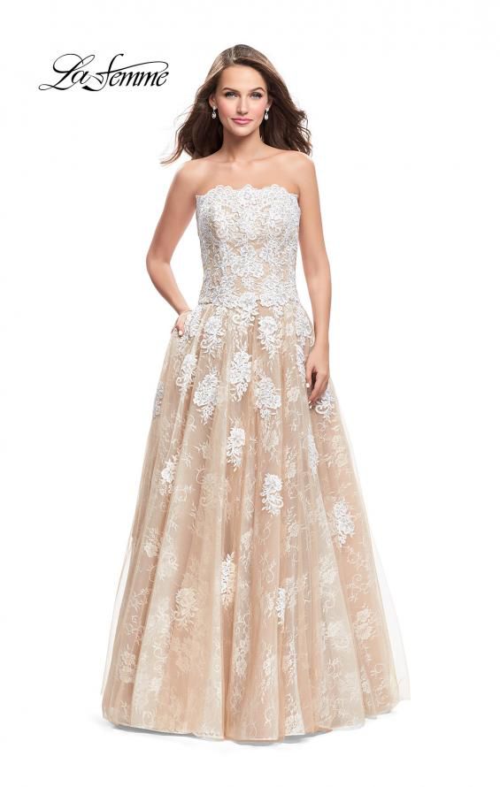 Style 25925 La Femme Size 8 Prom Strapless Lace Nude Ball Gown on Queenly