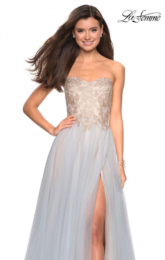 Style 27795 La Femme Size 12 Prom Strapless Light Blue Side Slit Dress on Queenly