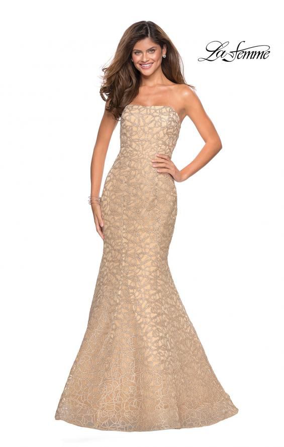Style 27267 La Femme Size 8 Prom Strapless Lace Gold Mermaid Dress on Queenly