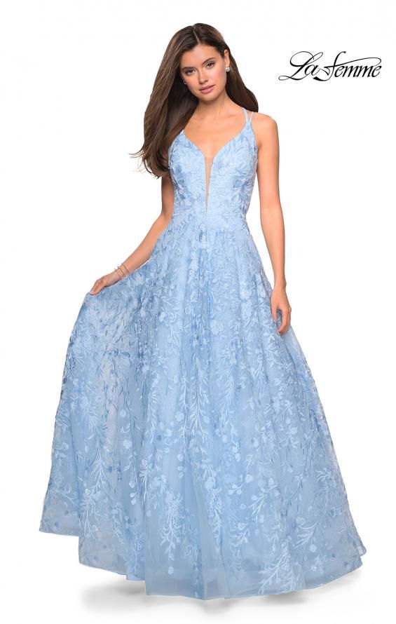 Style 27759 La Femme Size 12 Prom Lace Light Blue Ball Gown on Queenly