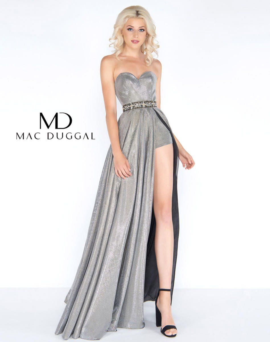 Style 2027 Mac Duggal Size 12 Prom Strapless Silver Side Slit Dress on Queenly