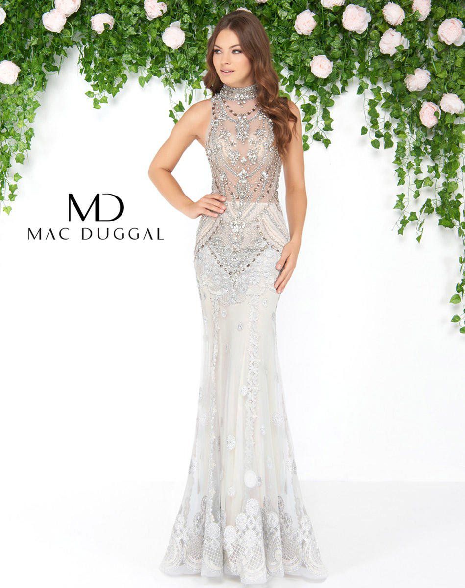 Style 50426 Mac Duggal Size 8 Wedding High Neck Lace Silver Mermaid Dress on Queenly