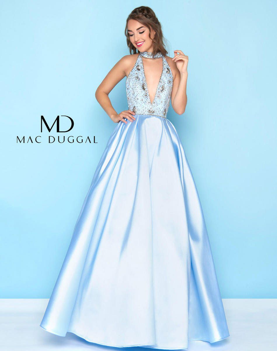 Style 77328 Mac Duggal Size 4 Prom Halter Light Blue Ball Gown on Queenly