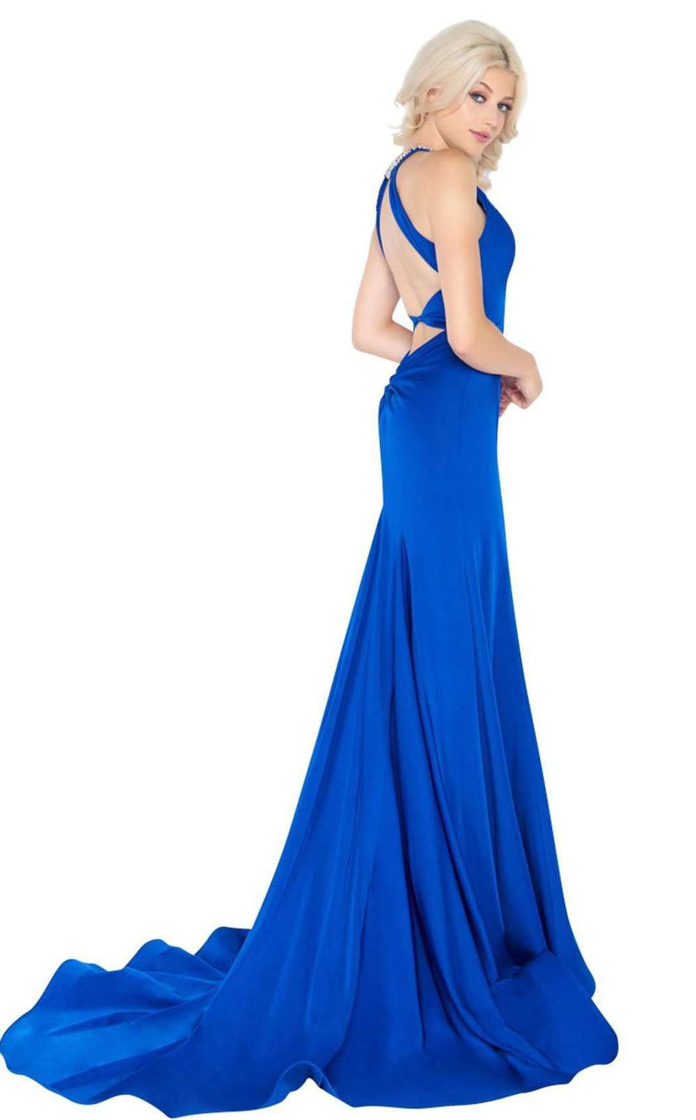 Style 66465 Mac Duggal Size 6 Prom Halter Blue Side Slit Dress on Queenly