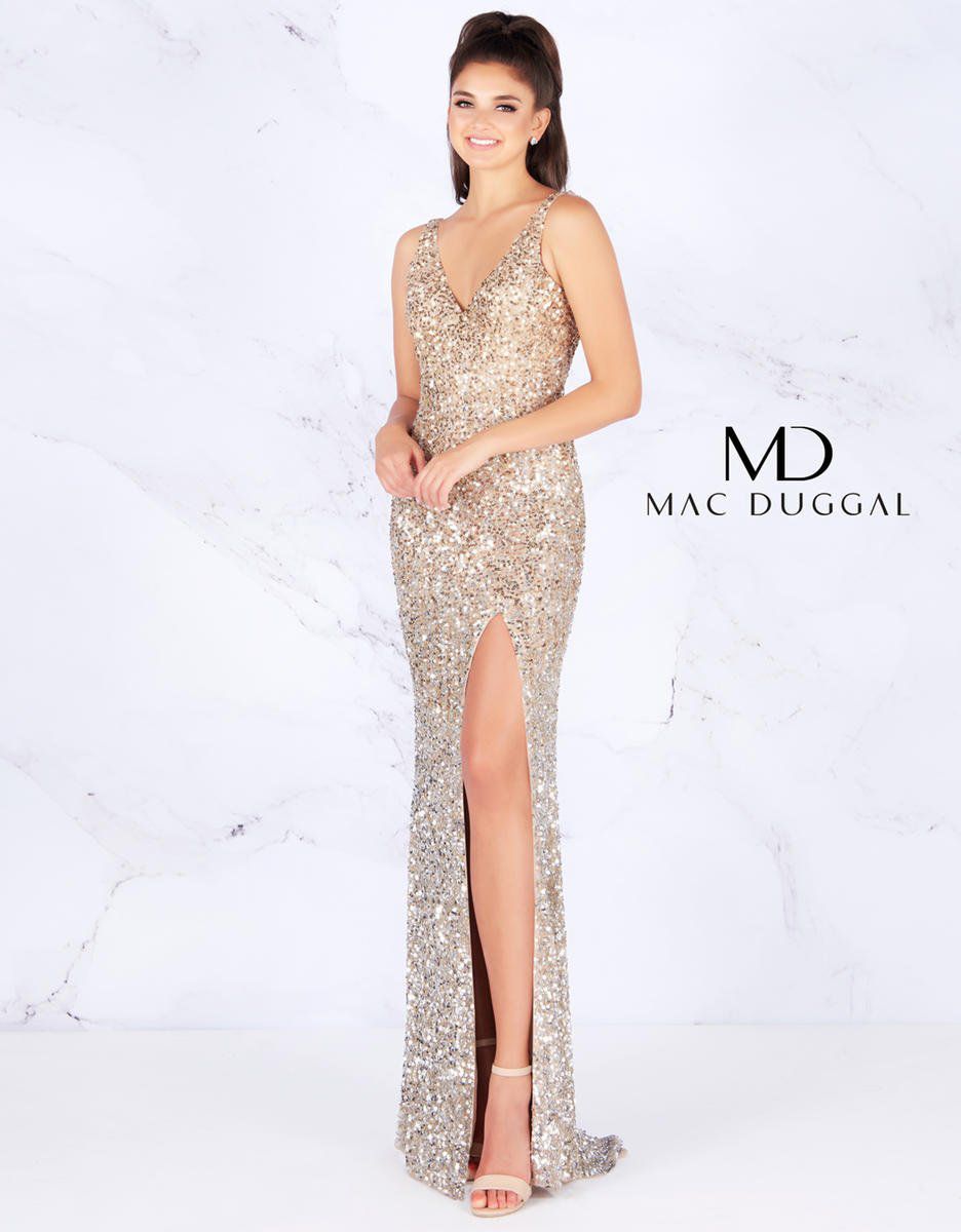Style 4834 Mac Duggal Size 4 Prom Gold Side Slit Dress on Queenly