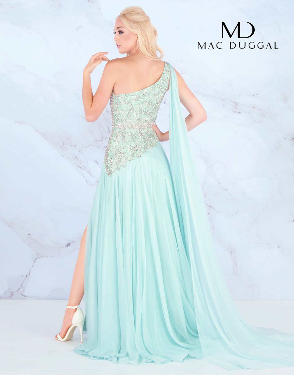 Style 66846 Mac Duggal Size 10 Prom One Shoulder Light Green Side Slit Dress on Queenly