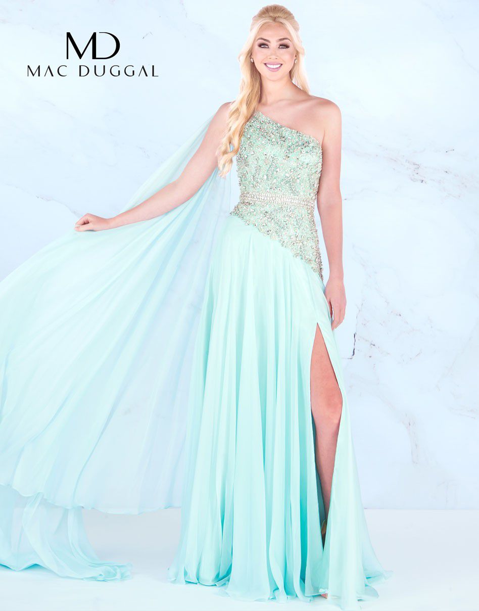 Style 66846 Mac Duggal Size 10 Prom One Shoulder Light Green Side Slit Dress on Queenly