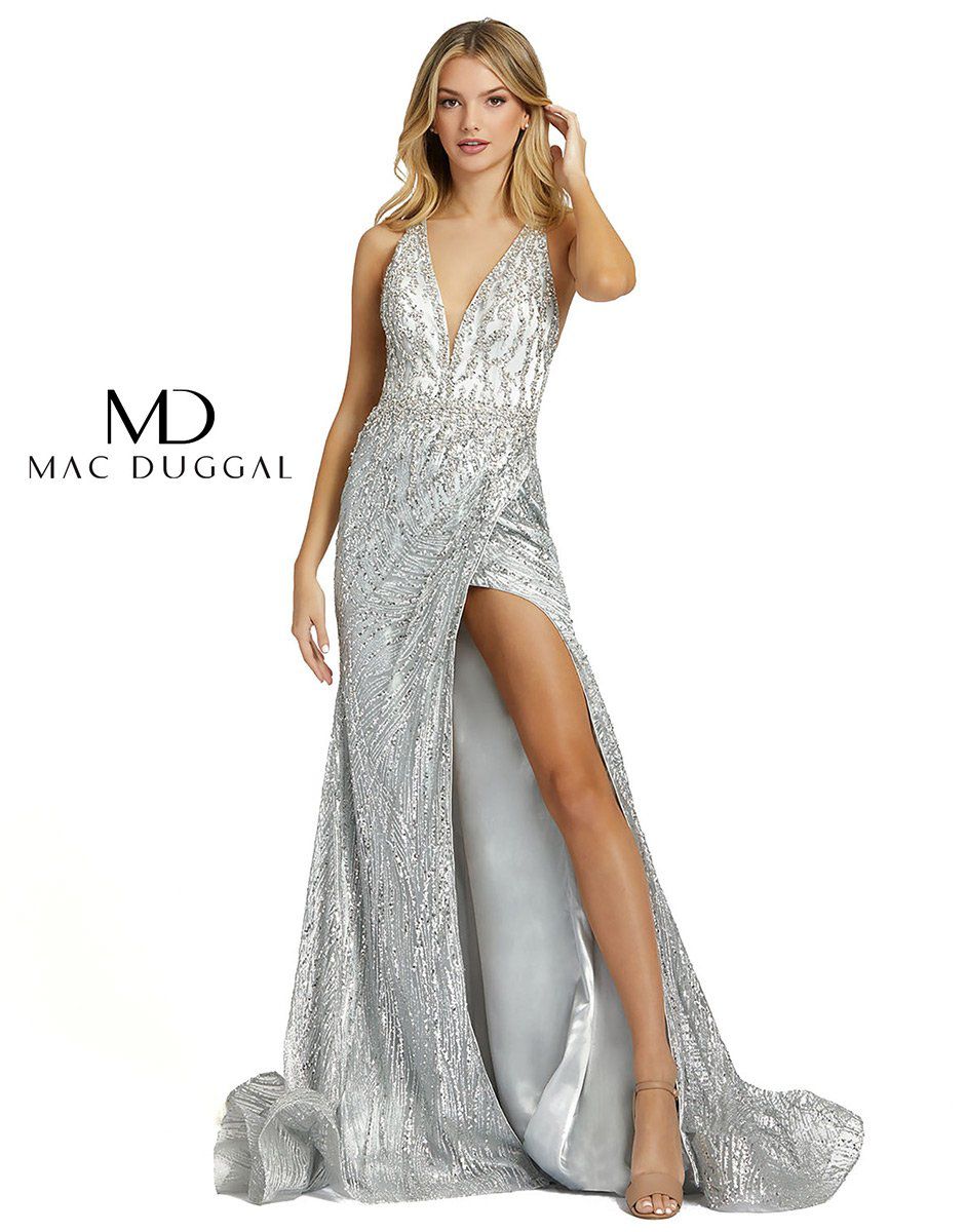 Style 30621 Mac Duggal Size 6 Prom Silver Side Slit Dress on Queenly