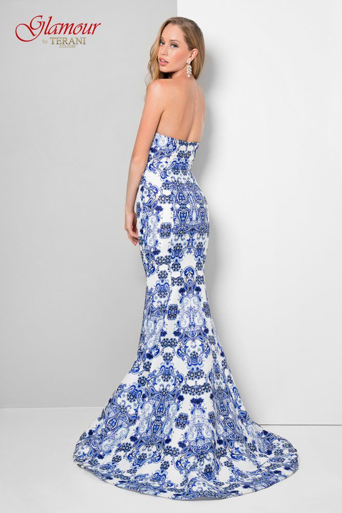 Style 1712P2536G Terani Couture Size 6 Prom Strapless Floral Royal Blue Mermaid Dress on Queenly