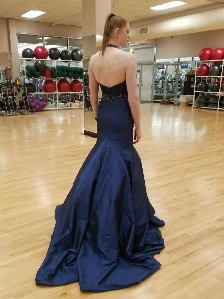 Gaspar Cruz Size 6 Prom Halter Navy Blue Dress With Train on Queenly