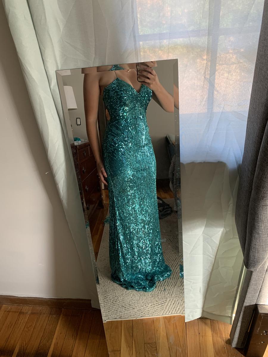 Sherri Hill Size 4 Prom Plunge Sequined Turquoise Blue Floor Length Maxi on Queenly