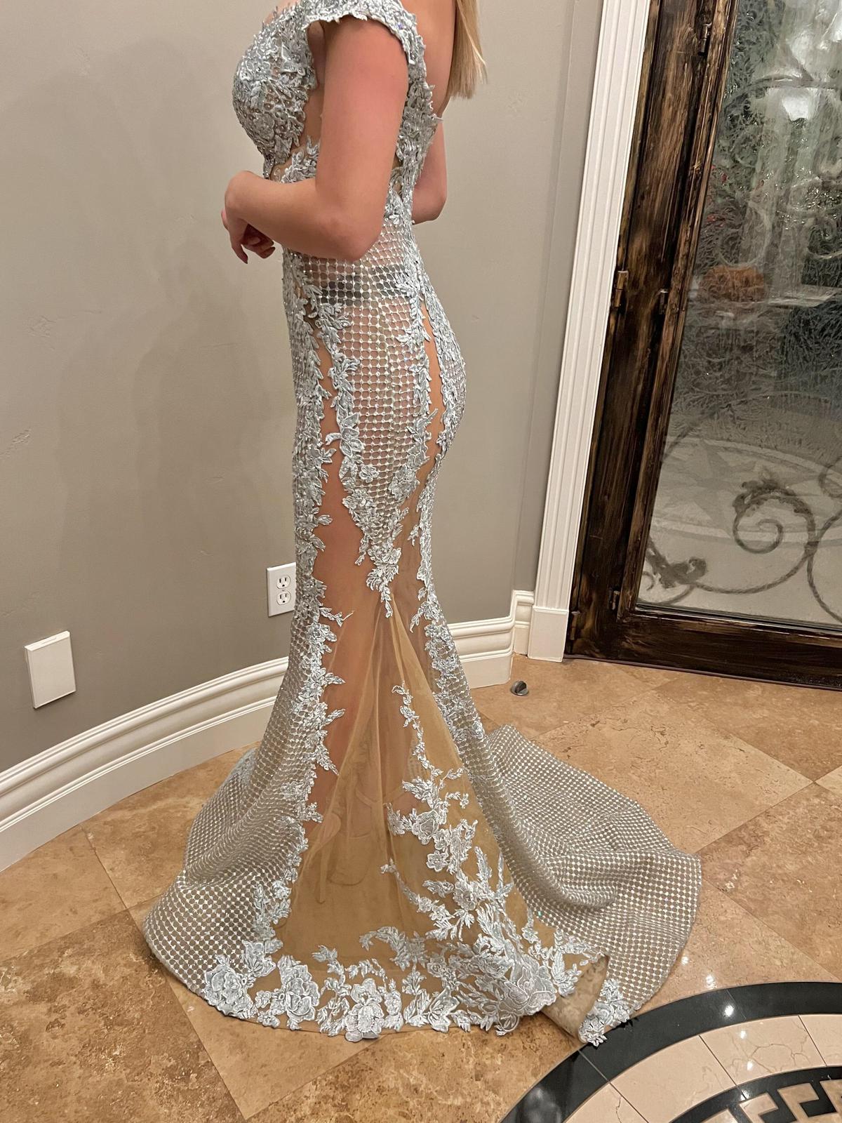 Size 2 Prom Sheer Silver Mermaid Dress on Queenly
