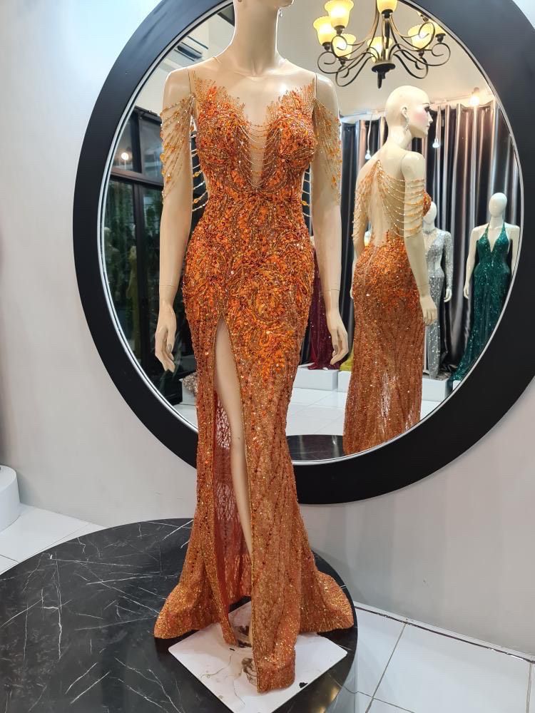 Couture GL Garlate Design Size 00 Prom Sheer Orange Mermaid Dress on Queenly