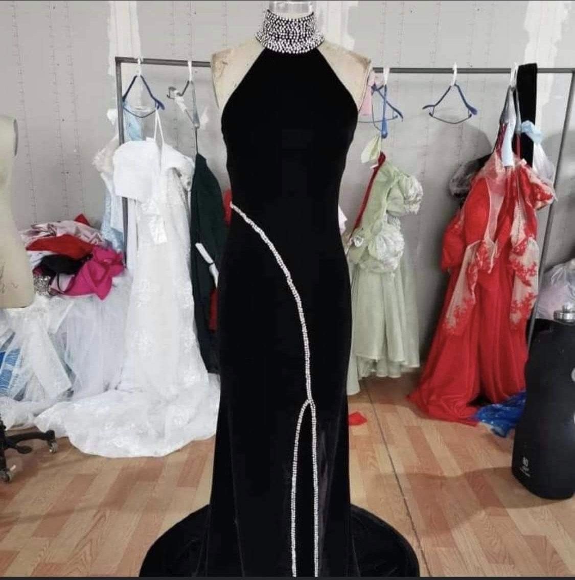 Custom-Sherri hill look alike Size 6 Velvet Black Side Slit Dress on Queenly