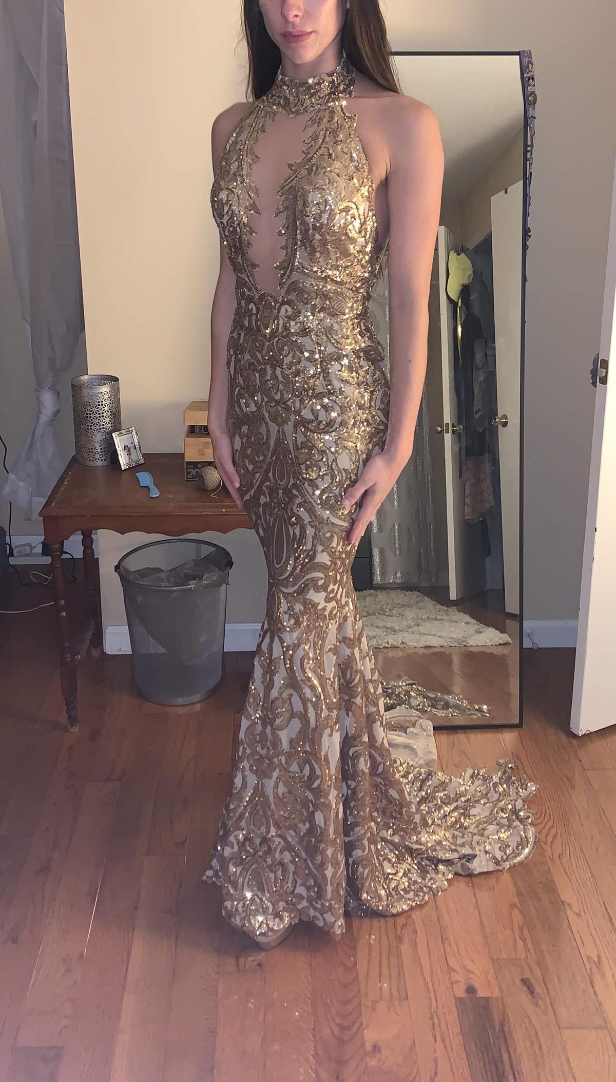 Debbie Carroll Size 2 Prom Halter Sequined Gold Mermaid Dress on Queenly