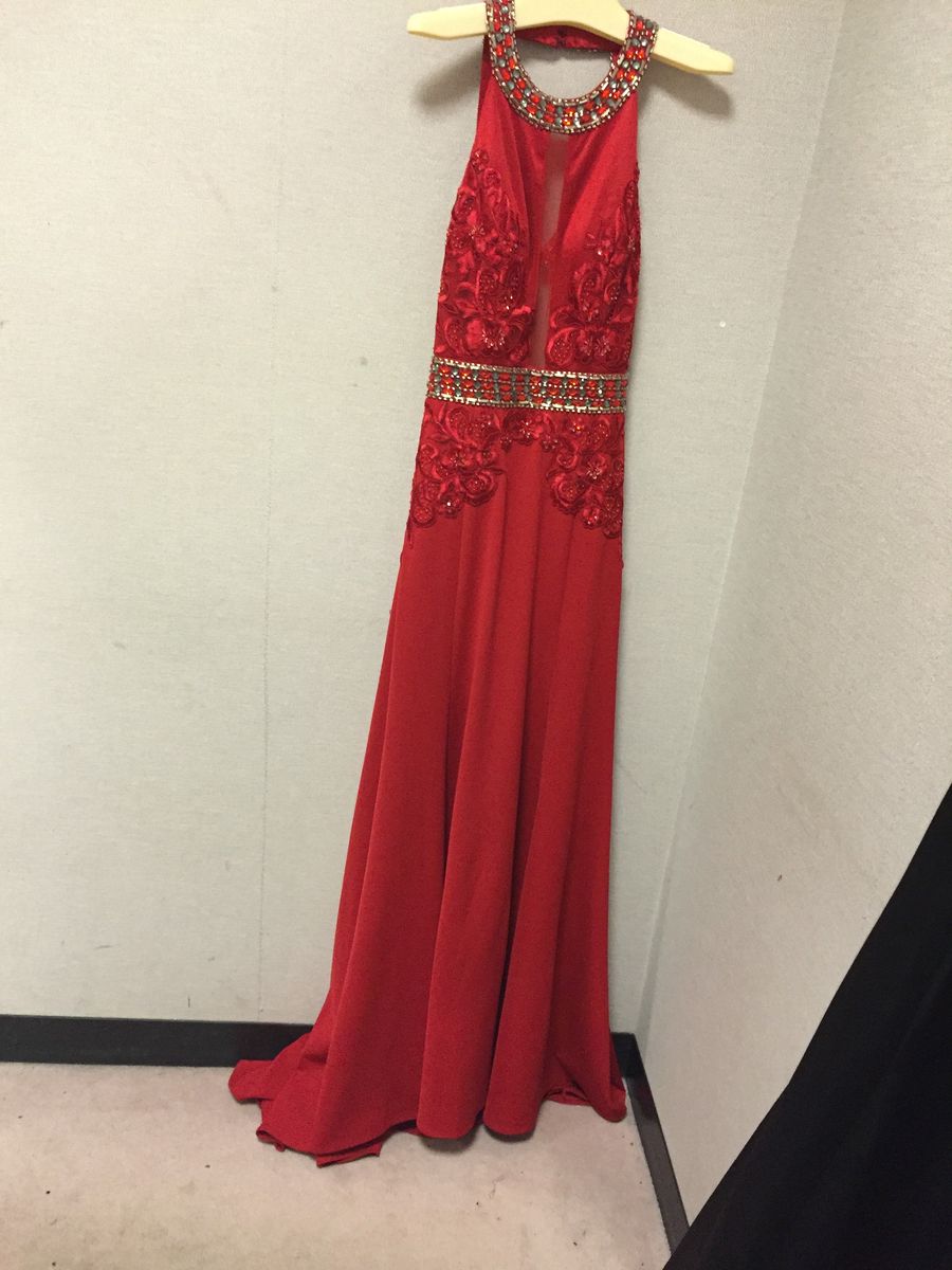 Size 8 Prom Plunge Sequined Red Mermaid Dress on Queenly