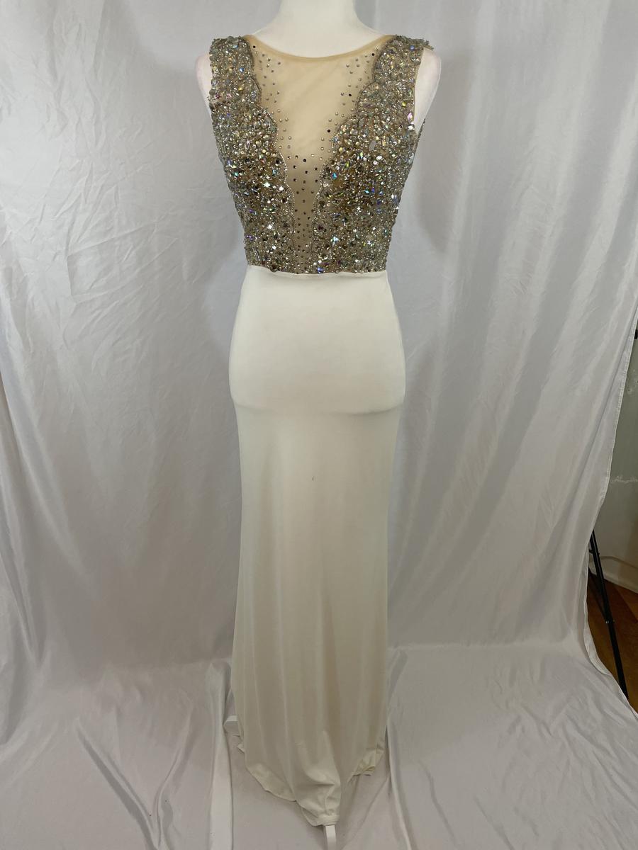 Size 4 Plunge Sequined White Floor Length Maxi on Queenly
