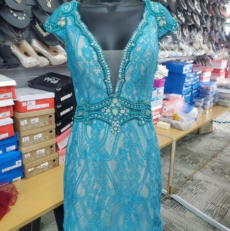 Style 52016 Angela and Alison Size 2 Prom High Neck Lace Light Blue Cocktail Dress on Queenly