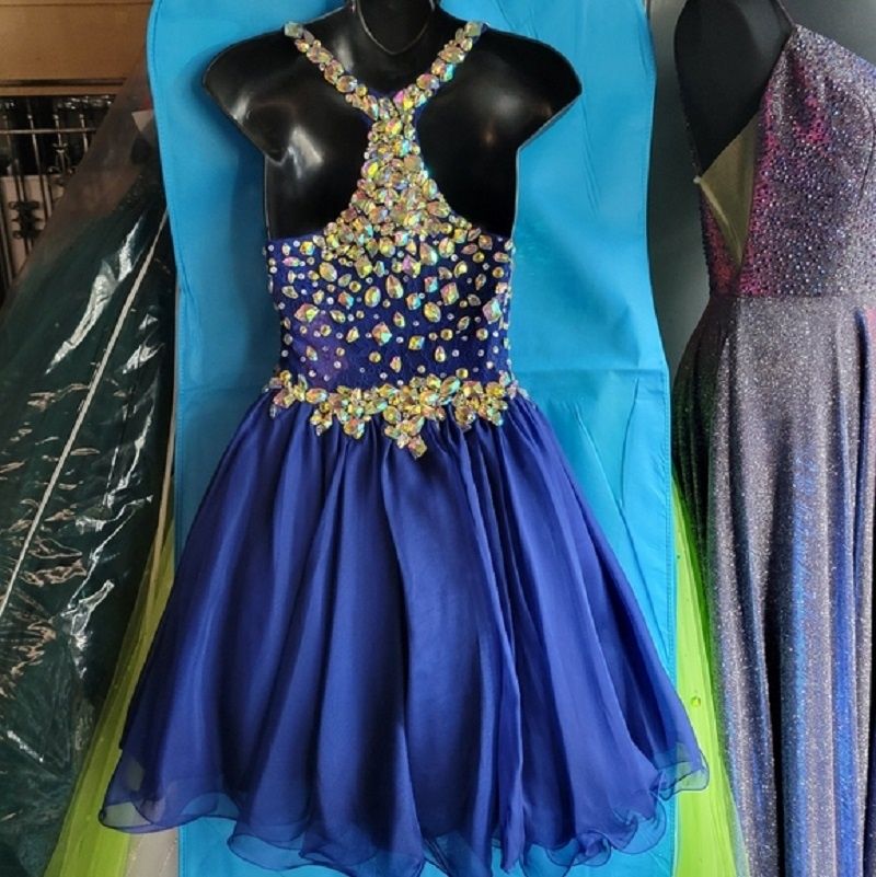 Style 9857 BLUSH Size 2 Prom Halter Sequined Navy Blue Cocktail Dress on Queenly