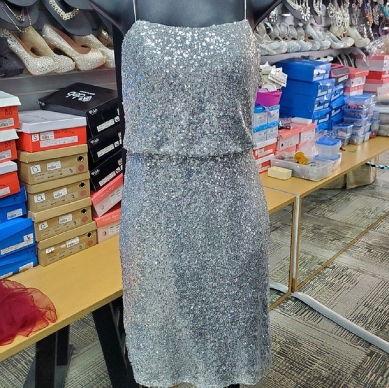 Style 22703 CHRISTINA WU Size 4 Prom Sequined Silver Cocktail Dress on Queenly