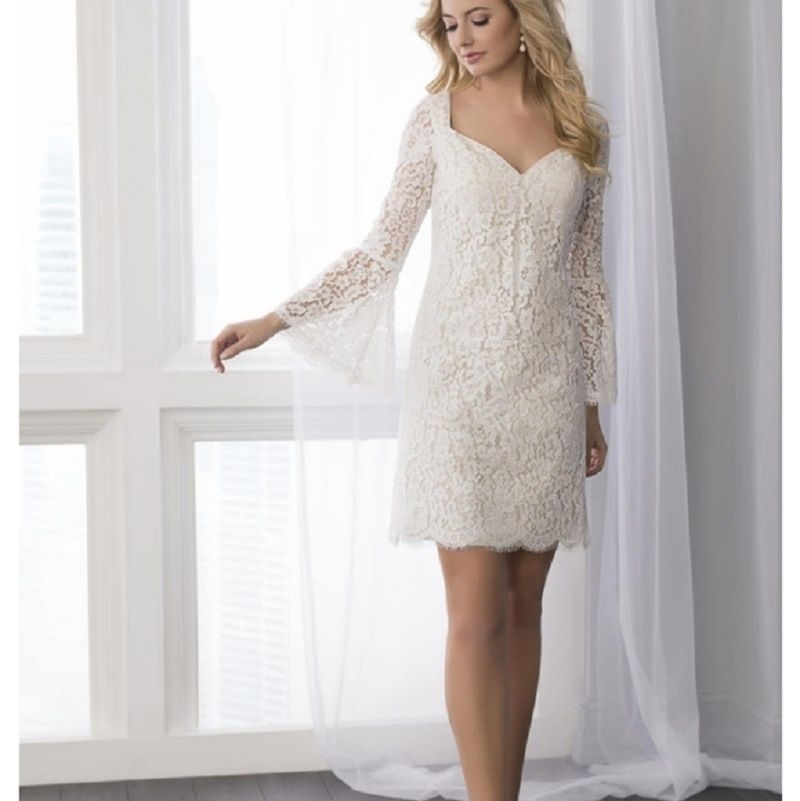 Style 22804 CHRISTINA WU Size 6 Prom Long Sleeve Lace White Cocktail Dress on Queenly