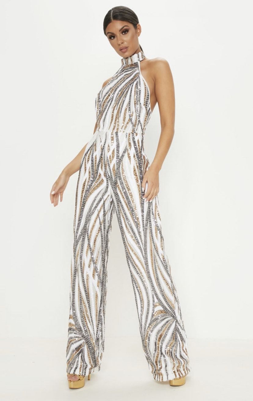 Size 4 Sequined White Formal Jumpsuit on Queenly