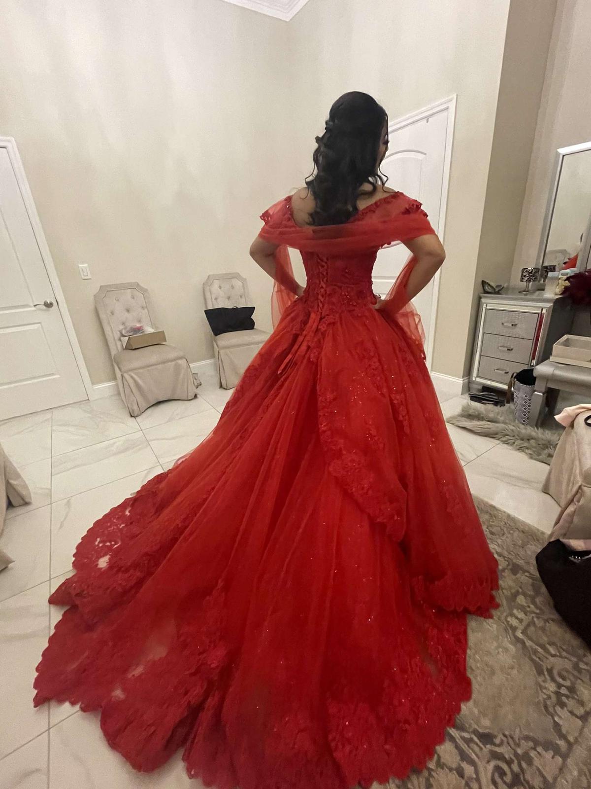 Size 8 Off The Shoulder Lace Red Ball Gown on Queenly