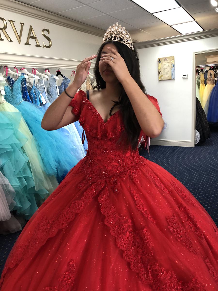 Size 8 Off The Shoulder Lace Red Ball Gown on Queenly
