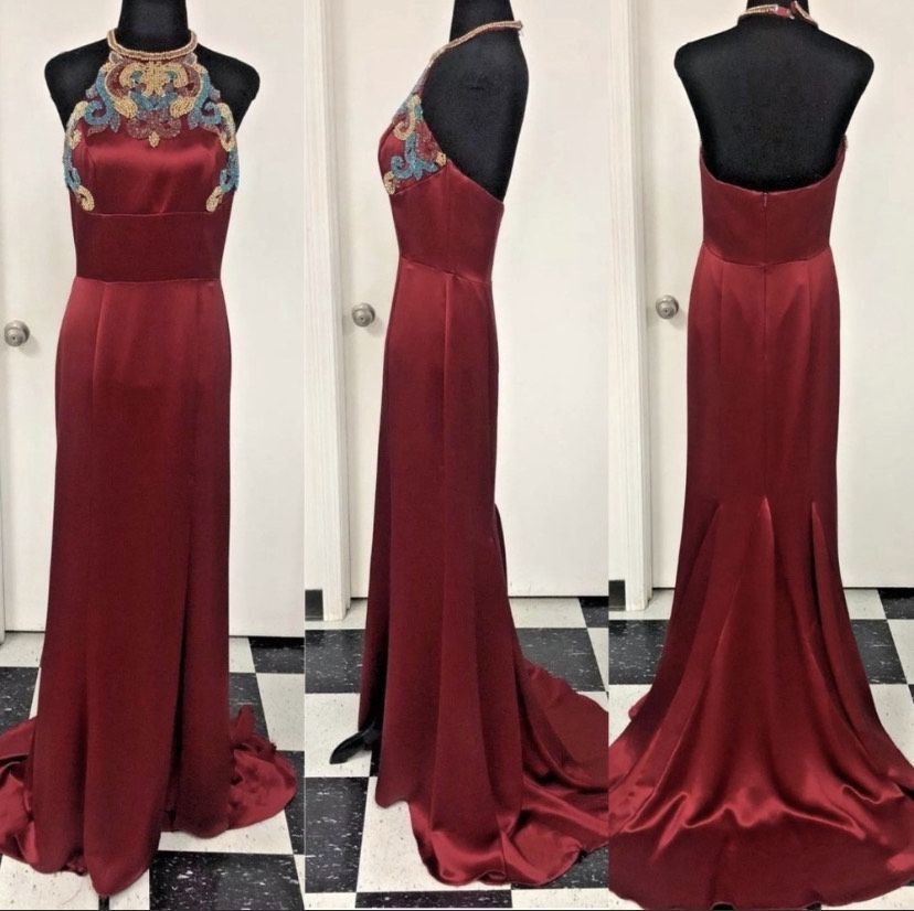 Sherri Hill Size 6 Prom High Neck Satin Burgundy Red Floor Length Maxi on Queenly