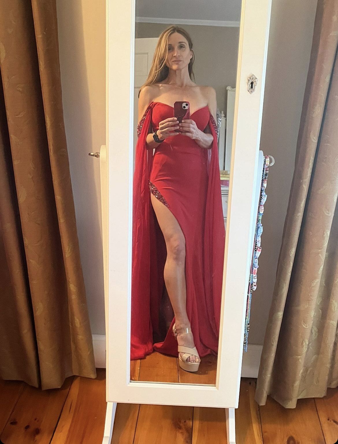 Jovani Size 4 Prom Off The Shoulder Sequined Red Side Slit Dress on Queenly