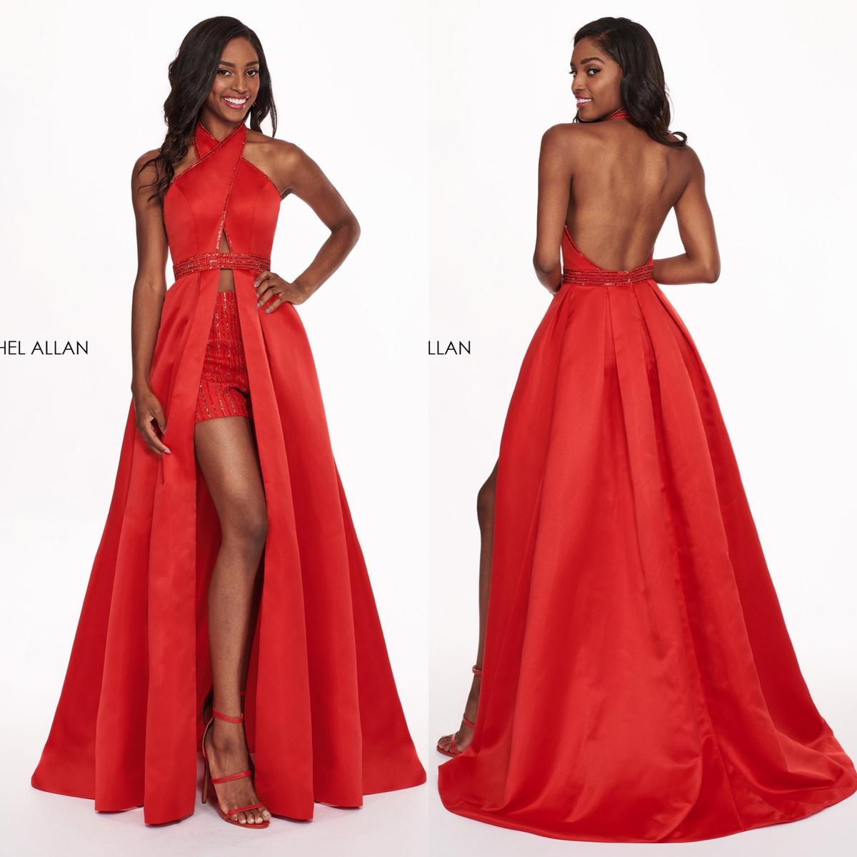 Rachel Allan Size 4 Prom Halter Sequined Red Formal Jumpsuit on Queenly