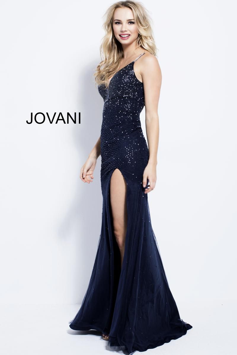 Style 57270 Jovani Size 4 Prom Plunge Navy Blue Side Slit Dress on Queenly