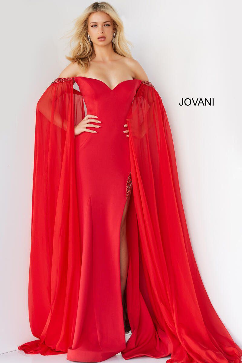 Style 07652 Jovani Size 6 Prom Off The Shoulder Red Side Slit Dress on Queenly