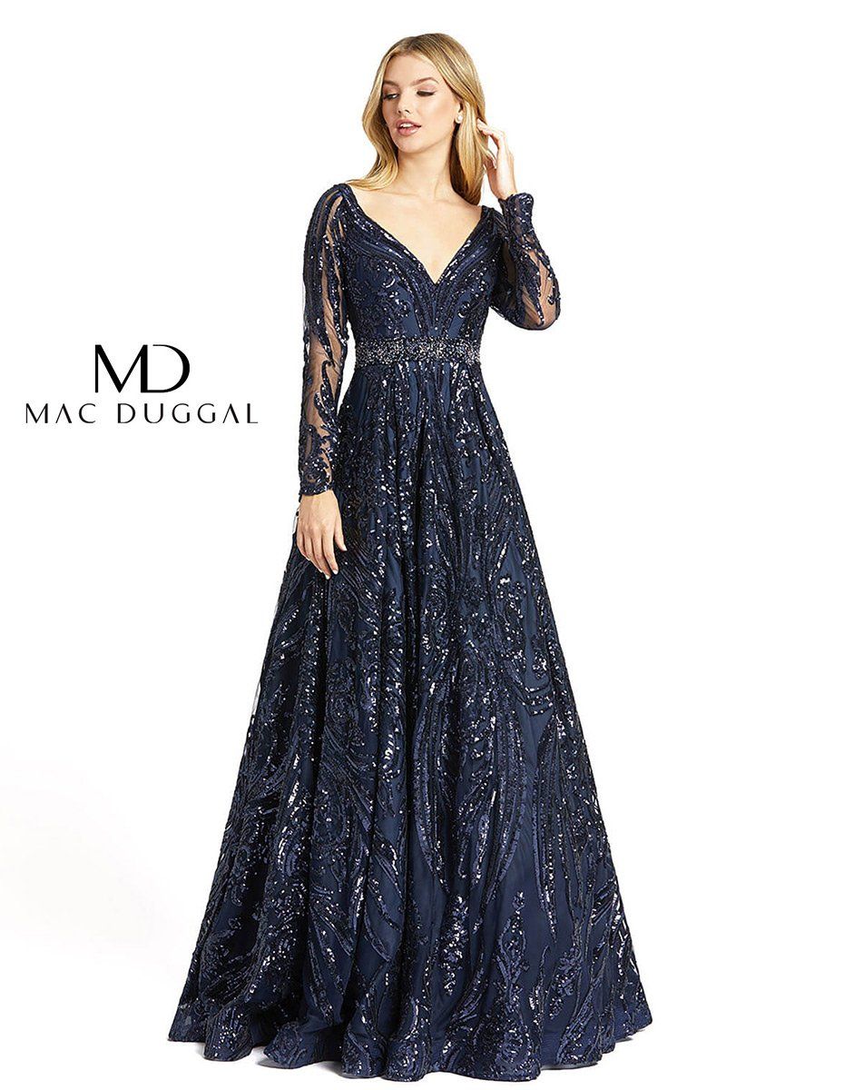 Style 67113D Mac Duggal Plus Size 20 Prom Long Sleeve Sequined Navy Blue Ball Gown on Queenly