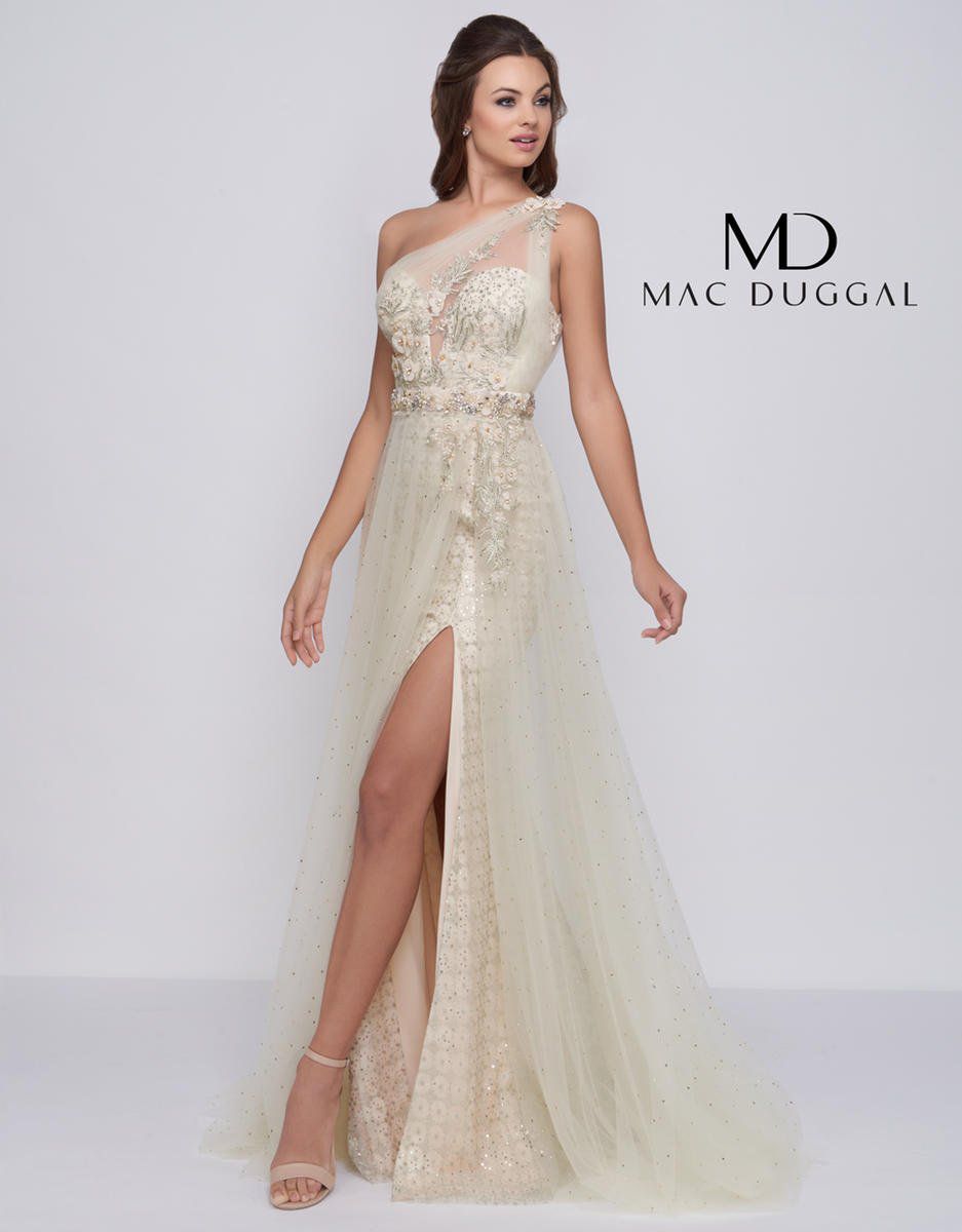 Style 50550D Mac Duggal Size 8 Prom One Shoulder Lace Gold Side Slit Dress on Queenly