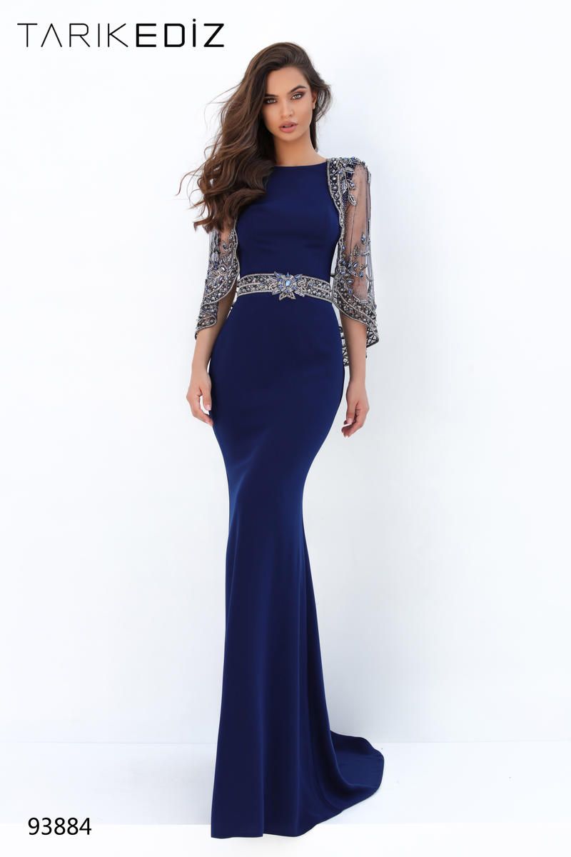 Style 93884 Tarik Ediz Size 10 Prom Sheer Navy Blue Mermaid Dress on Queenly