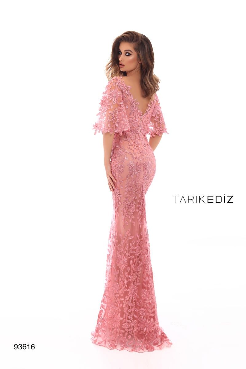 Style 93616 Tarik Ediz Size 8 Prom Cap Sleeve Lace Hot Pink Mermaid Dress on Queenly