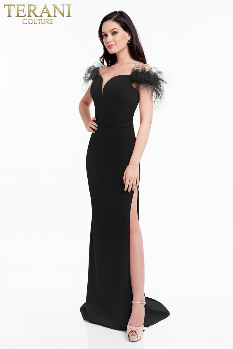 Style 1821E7103 Terani Couture Size 4 Prom Off The Shoulder Black Side Slit Dress on Queenly