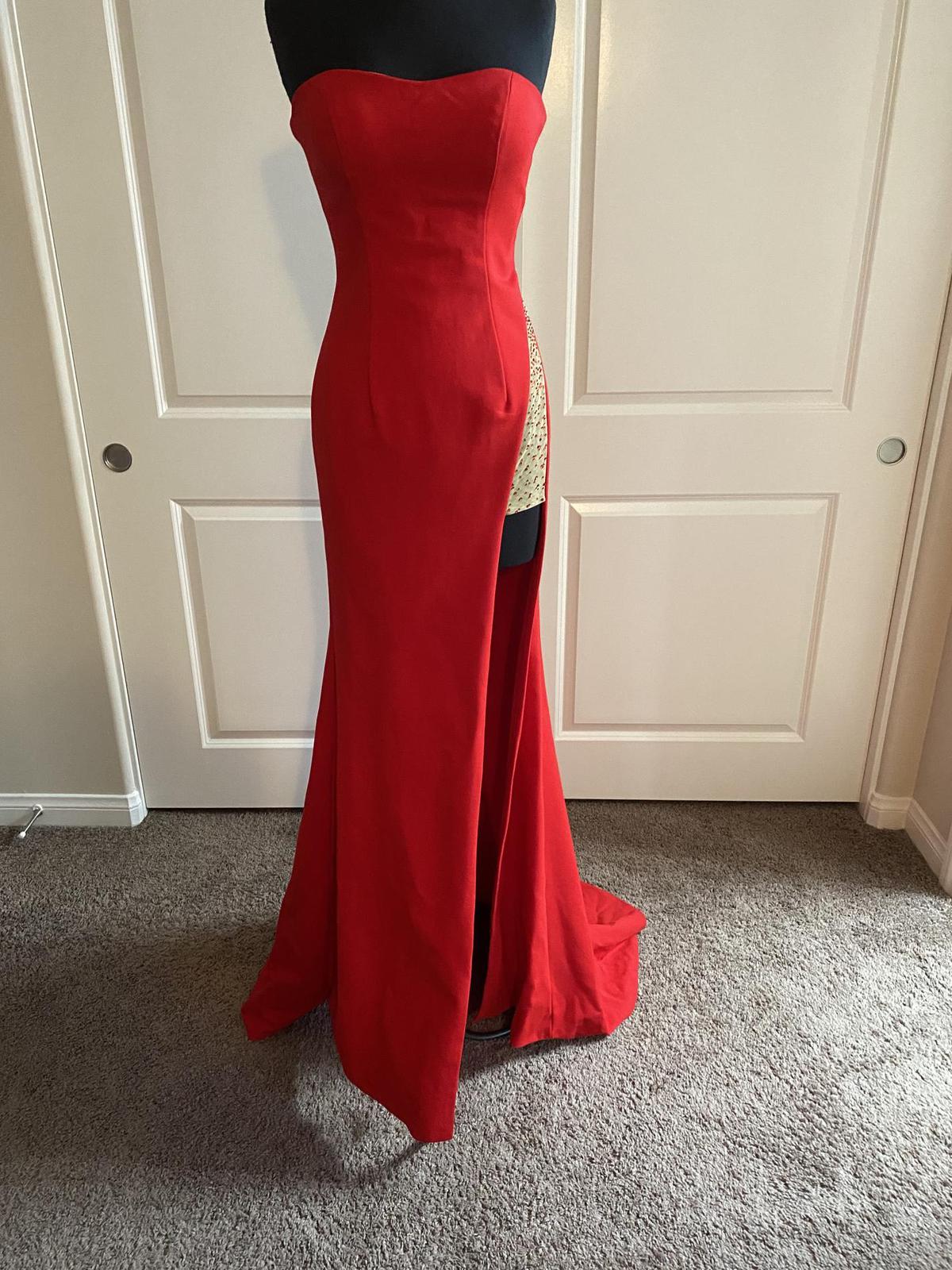 Sherri Hill Size 4 Prom Strapless Red Side Slit Dress on Queenly