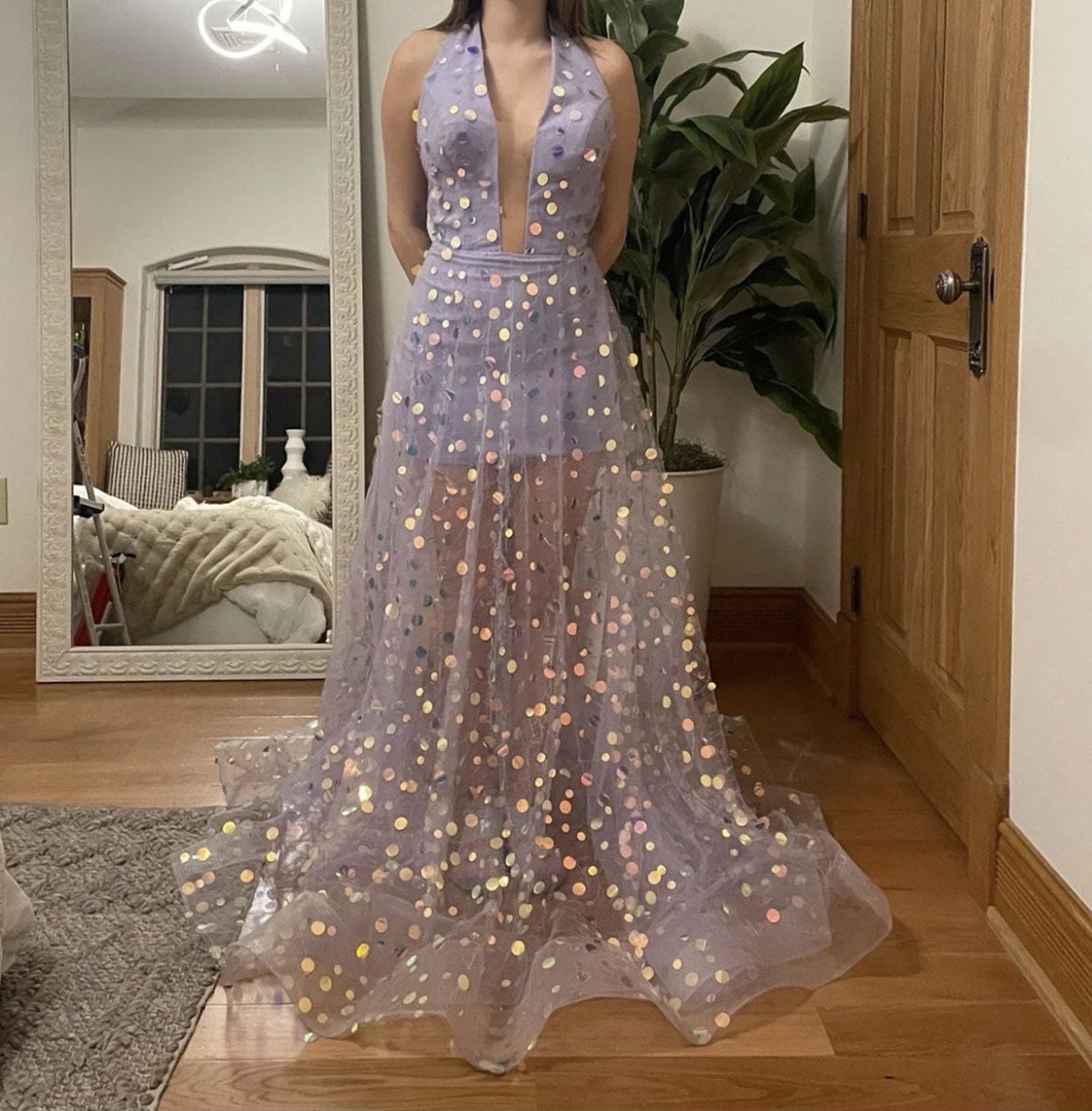 Tarik Ediz Size 4 Prom Plunge Sheer Purple A-line Dress on Queenly