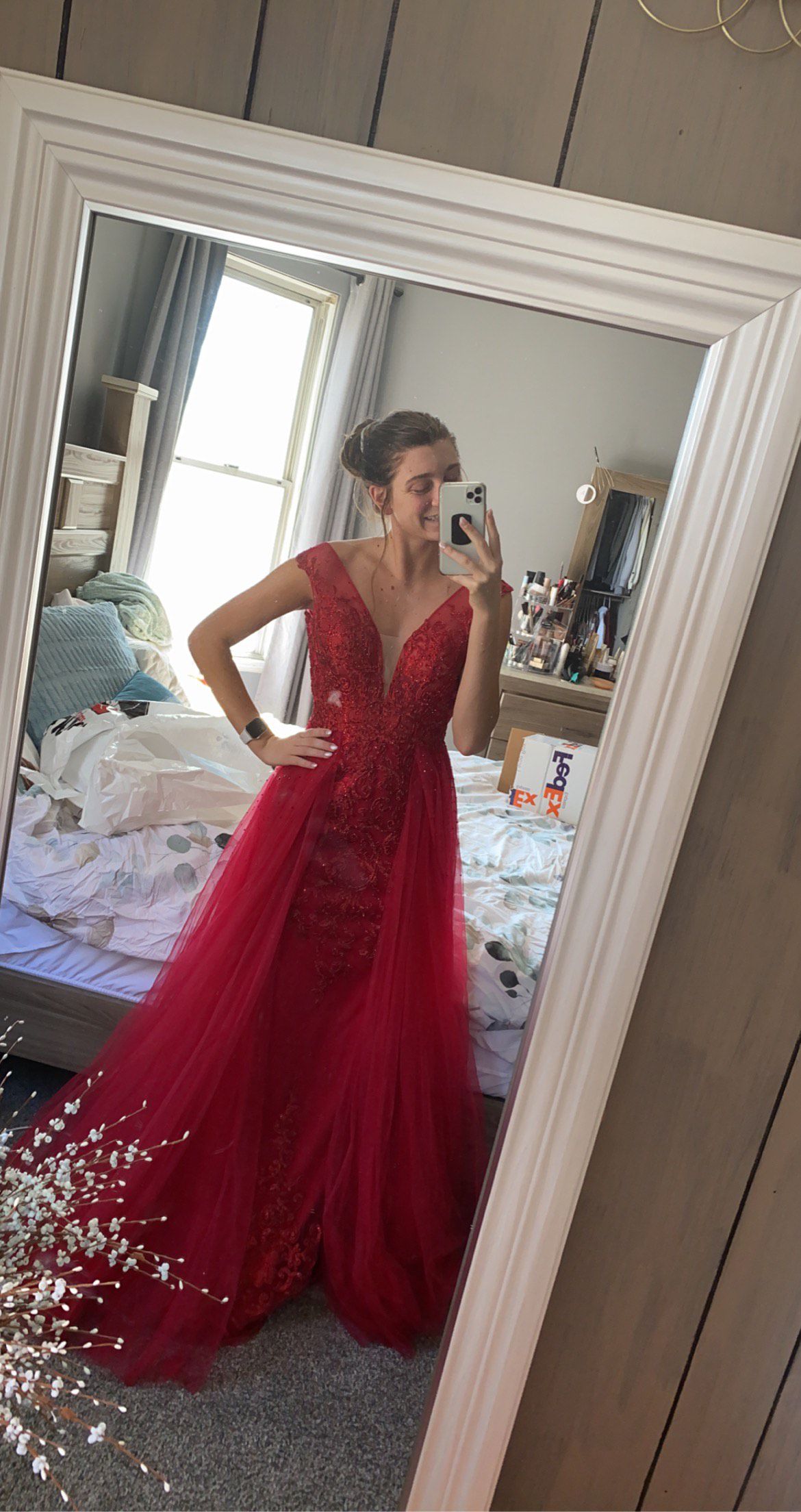 Size 4 Prom Lace Red A-line Dress on Queenly