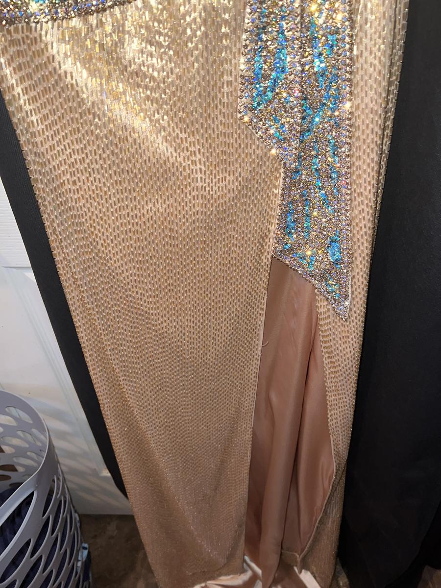 Sherri Hill Size 2 Prom Plunge Sequined Turquoise Gold Side Slit Dress on Queenly