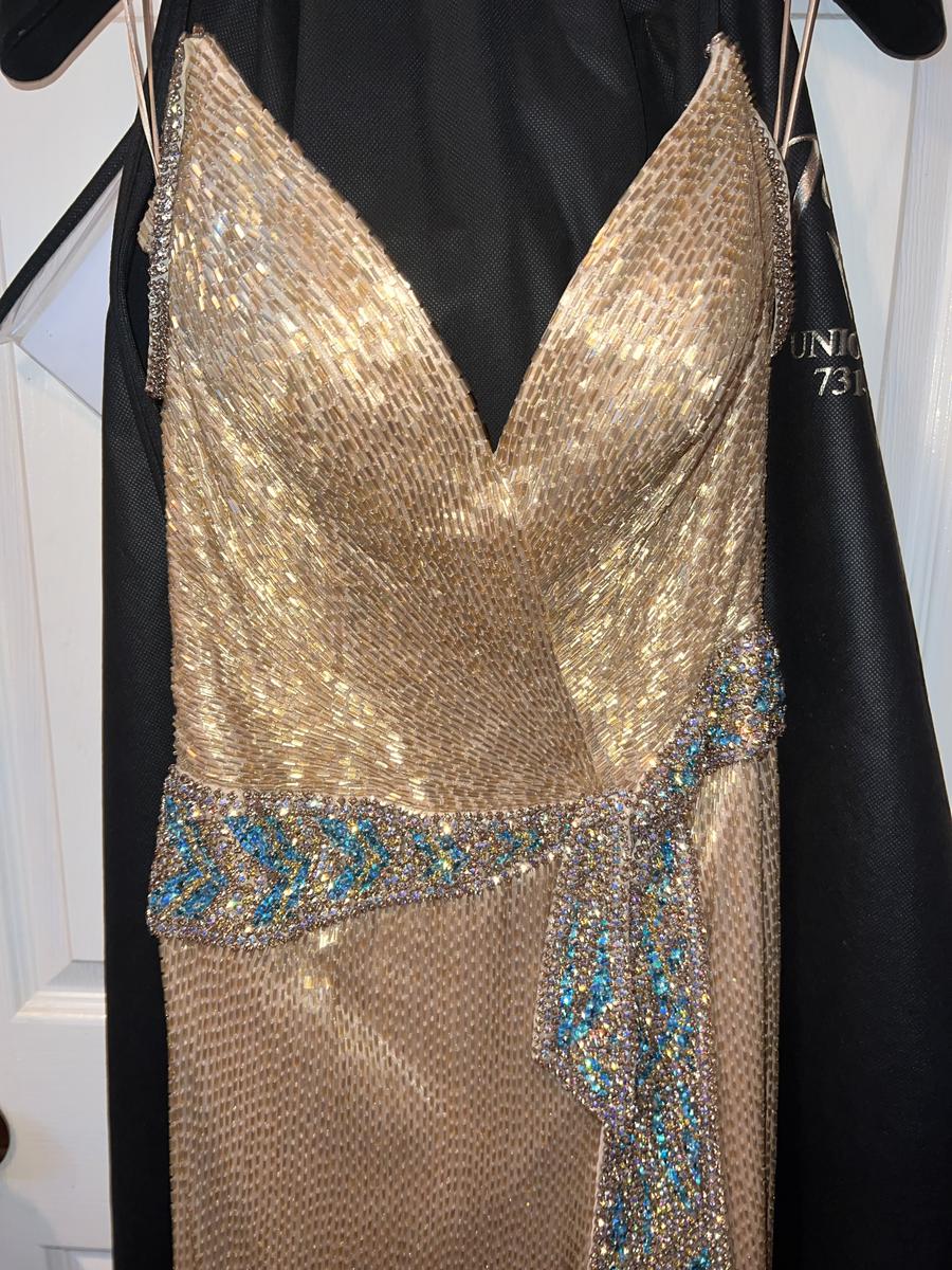 Sherri Hill Size 2 Prom Plunge Sequined Turquoise Gold Side Slit Dress on Queenly