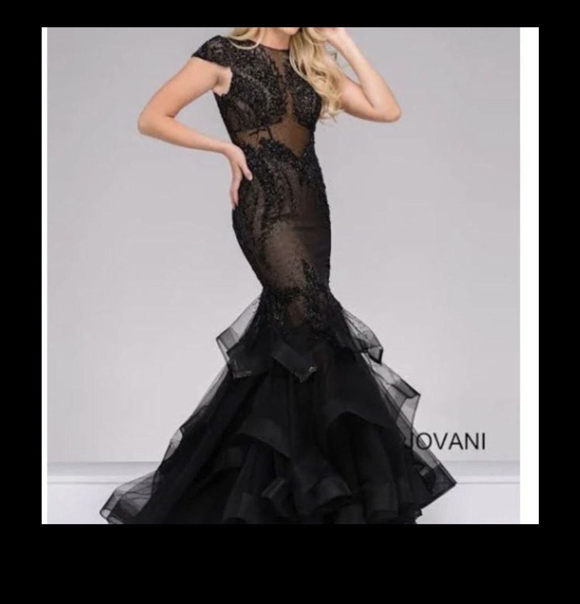 Jovani Size 8 Prom Cap Sleeve Sheer Black Mermaid Dress on Queenly