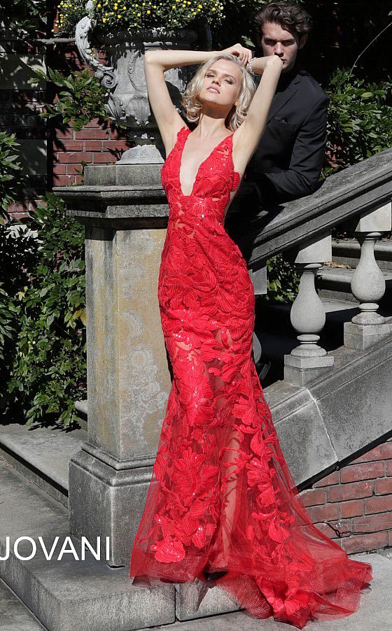 Jovani Size 10 Prom Plunge Sheer Red A-line Dress on Queenly
