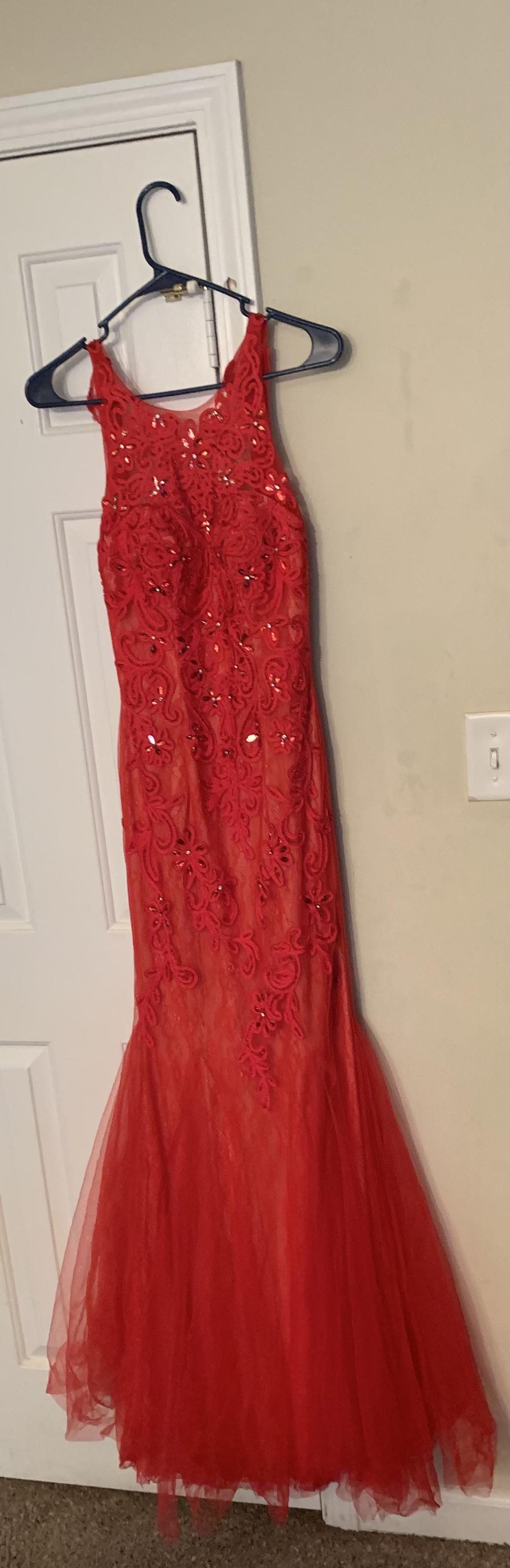 Size 4 Prom High Neck Sequined Red Ball Gown on Queenly