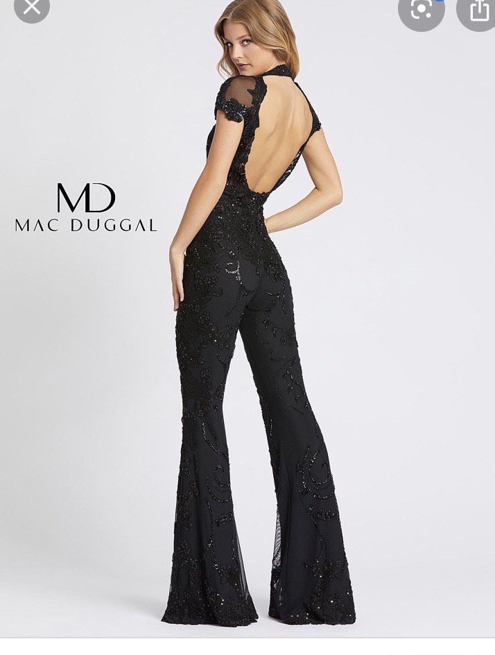 Mac Duggal Size 10 Pageant Interview Cap Sleeve Sheer Black Formal Jumpsuit on Queenly