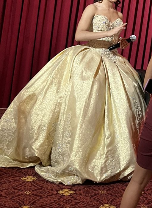 Size 0 Off The Shoulder Sequined Gold Ball Gown on Queenly