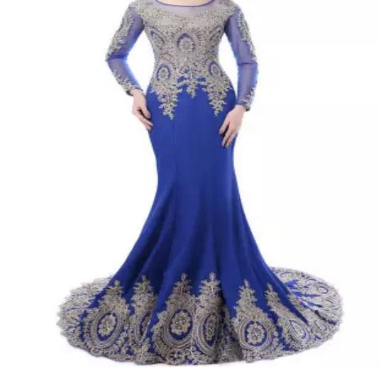 Size 10 Prom Long Sleeve Lace Blue Dress With Train on Queenly